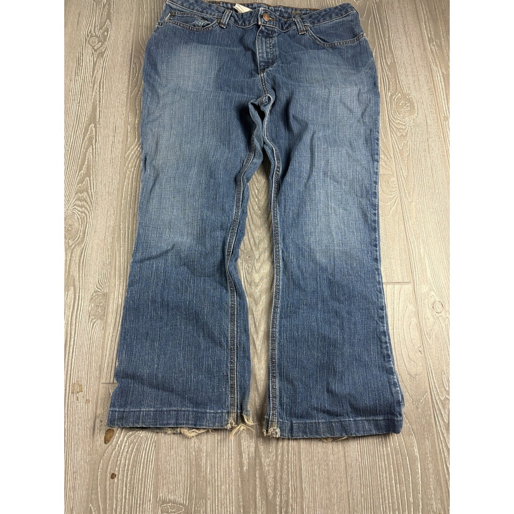 Carhartt Womens Straight Leg Blue Jeans Medium Wash Distressed Hem Inseam 26